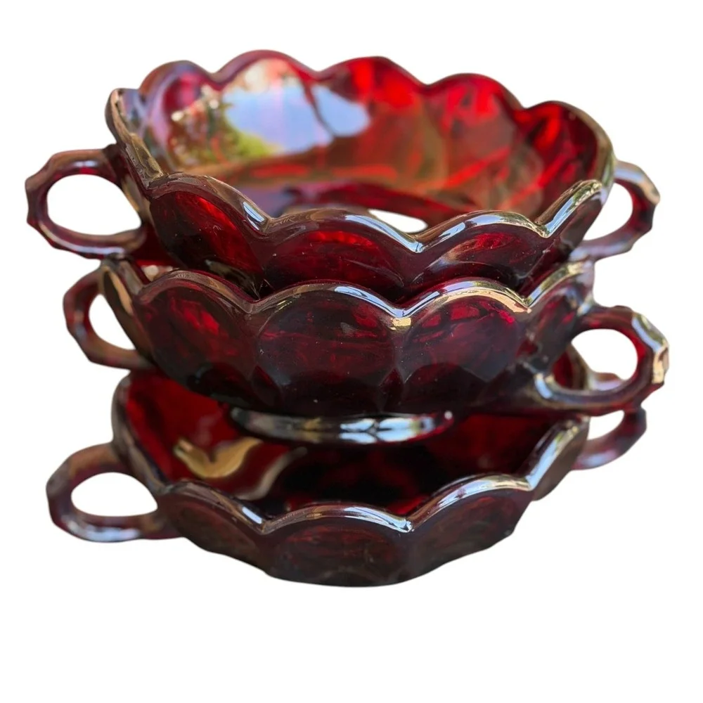 Vintage Ruby Red Glass Double Handled Nappy Bowls Set of 3 Scalloped Rim 5 in